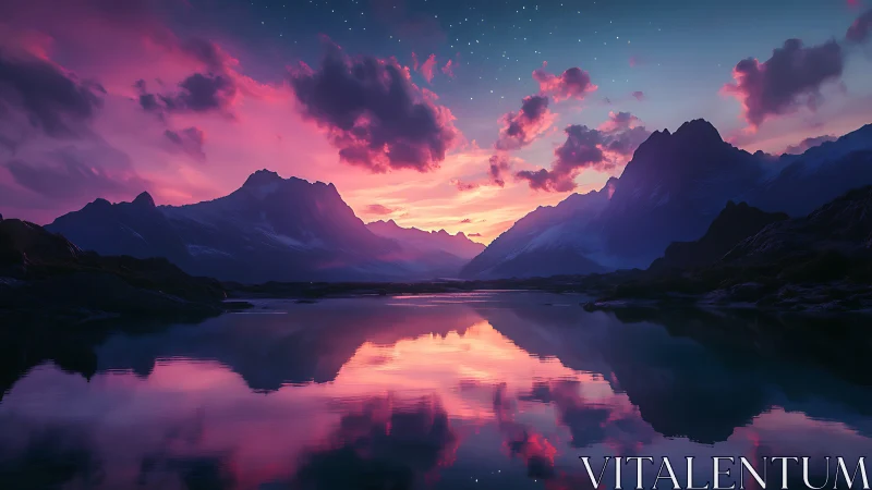 Twilight mountains sipping neon clouds from glassy water.