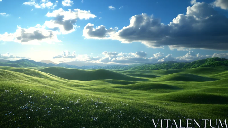 Sunlit green hills roll under dramatic clouded sky