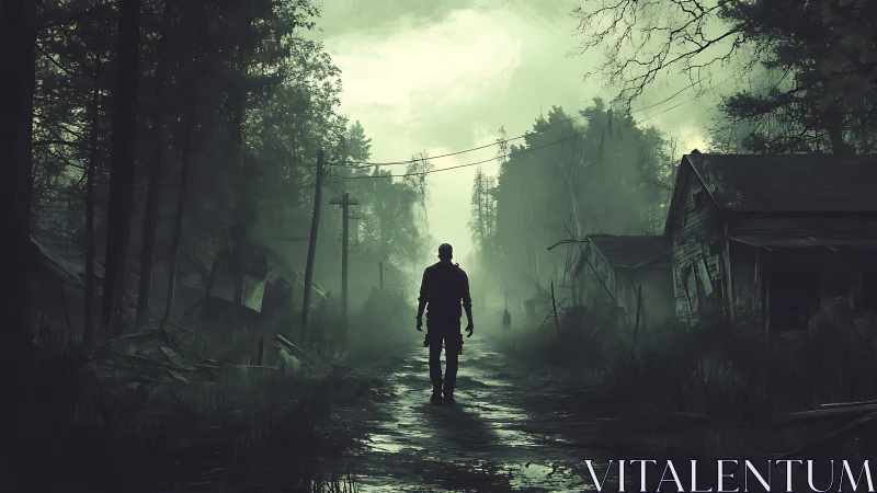 Lone survivor walks through misty abandoned village road