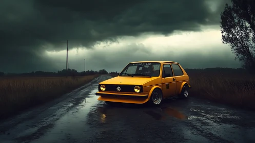 Yellow Volkswagen hatchback on wet rural road at dusk.