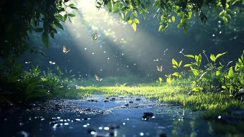 Sunlit forest stream renders butterflies in luminous detail