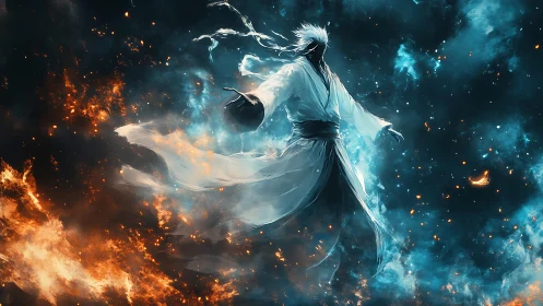 Elemental warrior commands raging fire and ice storm.