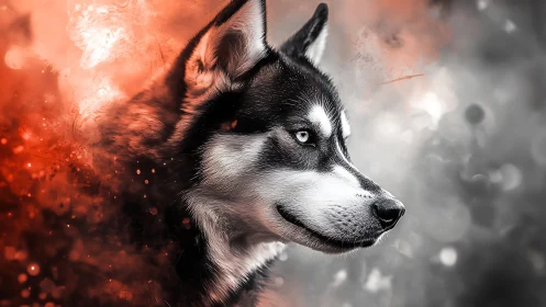 Stark husky portrait with fiery bokeh and monochrome haze.
