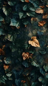 Textured autumn foliage pattern with high-contrast teal and ochre leaves