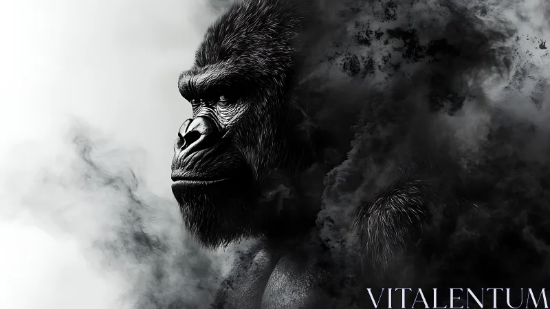 Majestic gorilla emerges calmly from swirling dark smoke