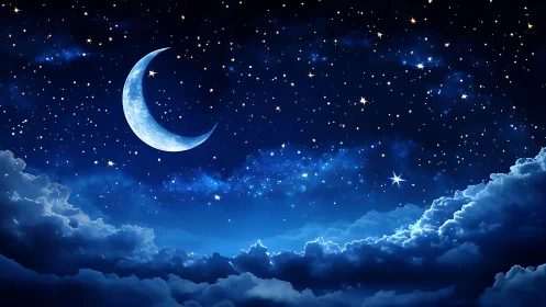 Crescent moon glows above luminous clouds and starlit sky.