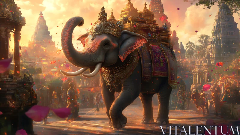 Majestic festival elephant strolling through golden temples.