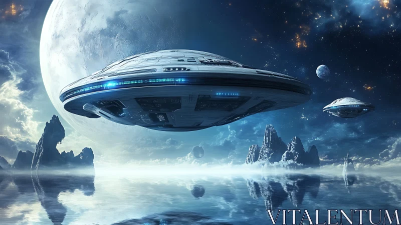 Futuristic disc-class starships over reflective alien ocean