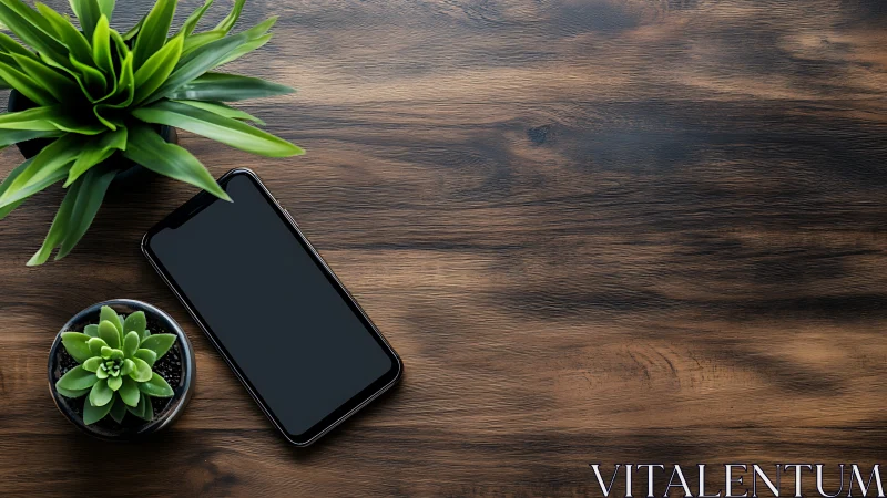 Smartphone Workspace with Fresh Greenery on Wood