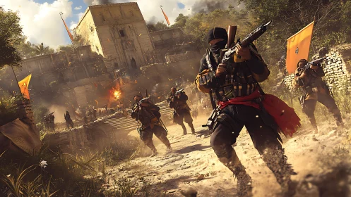 Heavily armed soldiers storm dusty ancient stone fortress.