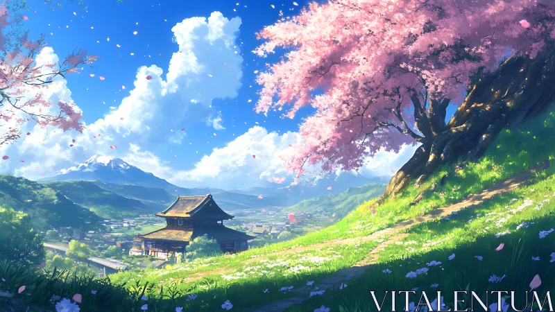 Cherry blossoms overlook sunlit valley temple under clear sky