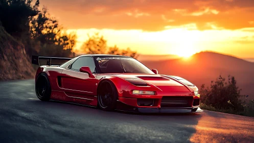 Modified red sports coupe is parked on a winding mountain road