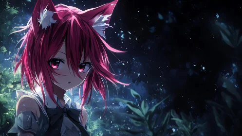 Starlit forest portrait of pink haired fox girl at night.