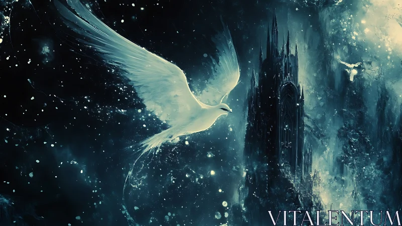 White bird in dark ethereal space near towering structure.