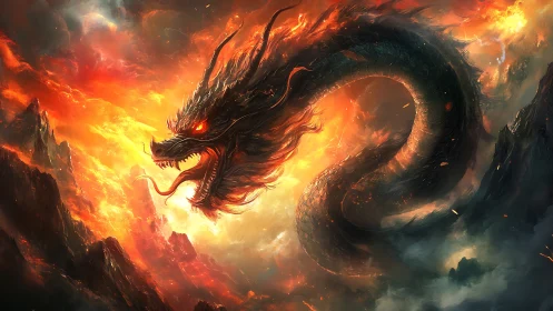 Ember-crowned dragon coils through a storm of molten sky