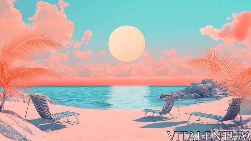 Pastel tropical beach with loungers under large sun disk.