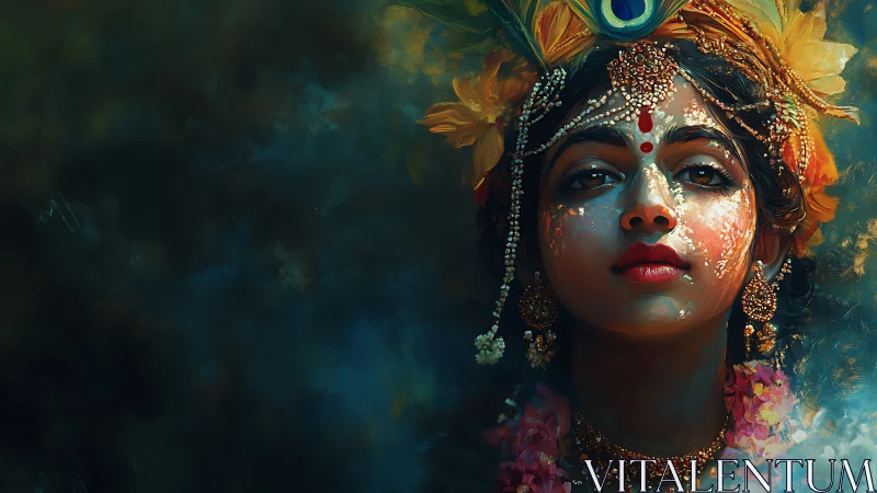 Portrait of a traditionally adorned figure in dense color field.