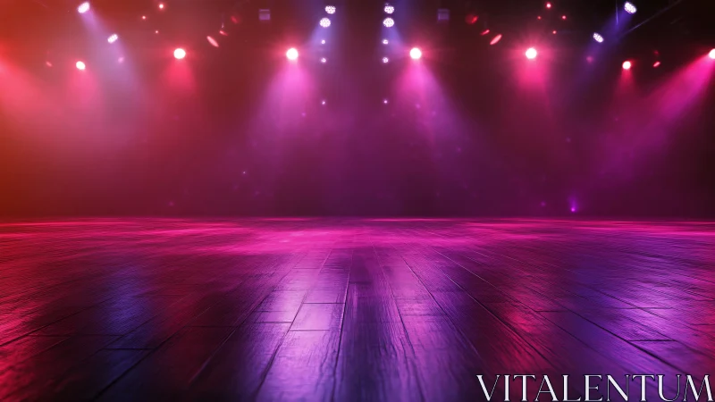 Empty wooden stage under pink and purple spotlights at night.