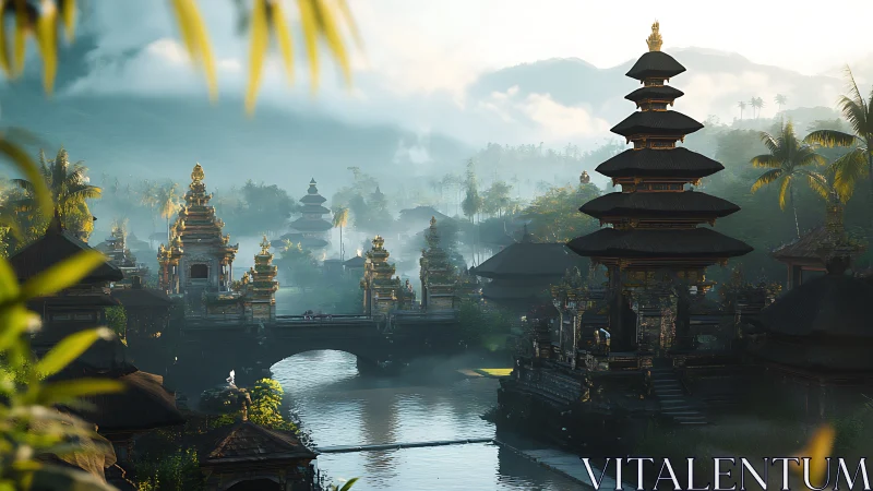 Misty river valley reveals layered Balinese temple complex at dawn
