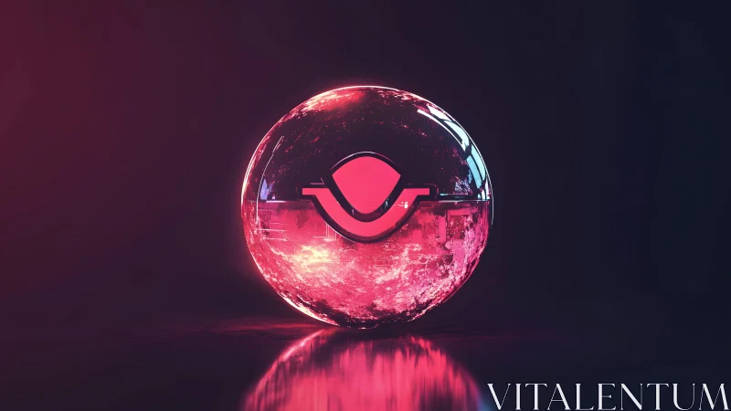 Futuristic glowing sphere with abstract logo in neon pink tones.