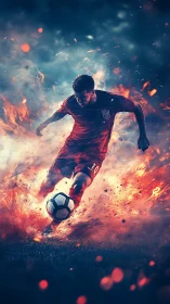 Soccer striker racing through swirling sparks and smoky fire.