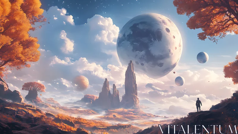 Twin wanderers beneath drifting moons on emberworld sky.