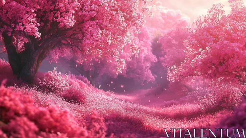 Pink blossom forest landscape with soft morning light.
