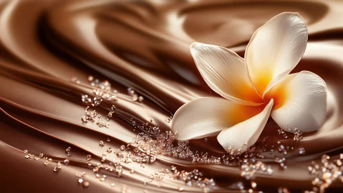 White flower rests on molten chocolate with sugar crystals
