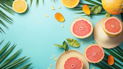 Flat-lay tropical citrus arrangement on aqua background grid.