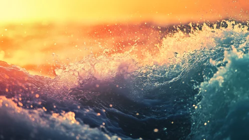 Sunlit ocean wave surge under glowing sunset sky.