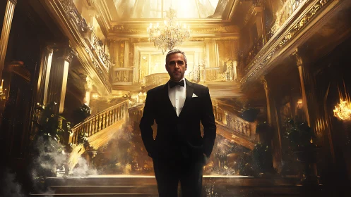 Suited man stands in burning golden palace hallway
