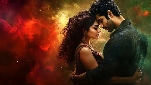 Romantic pair portrait with chromatic lighting effects.