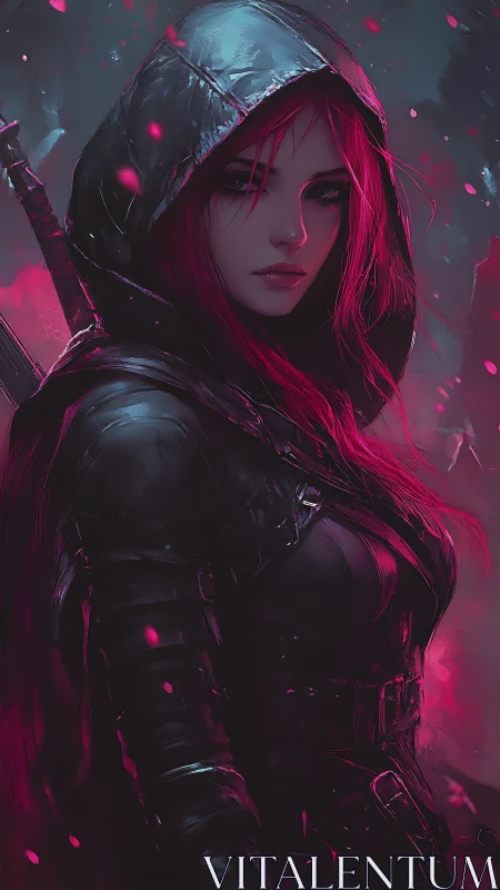 Hooded red‑haired assassin in neon magenta backlit armor