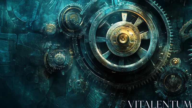 Industrial gear mechanism in teal and brass lighting view.