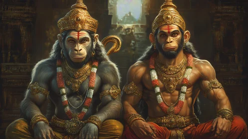 Two seated monkey deities wear ornate gold jewelry in temple