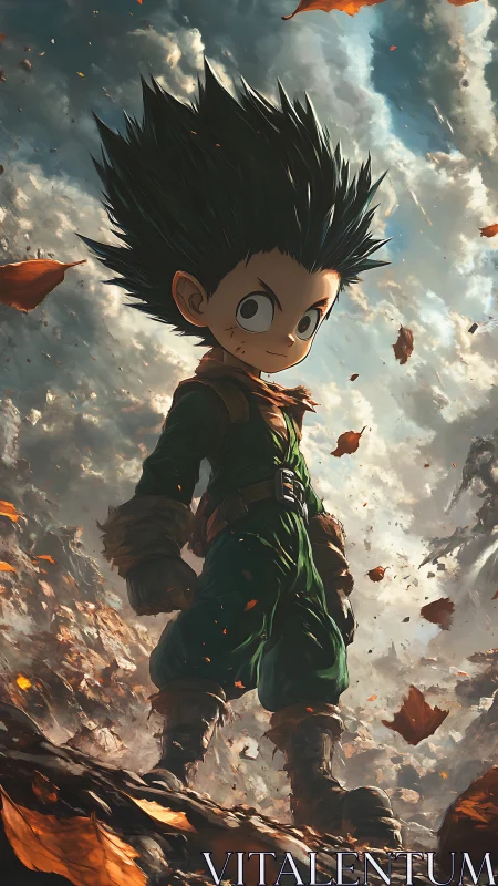 Dynamic anime hero framed against turbulent autumn sky