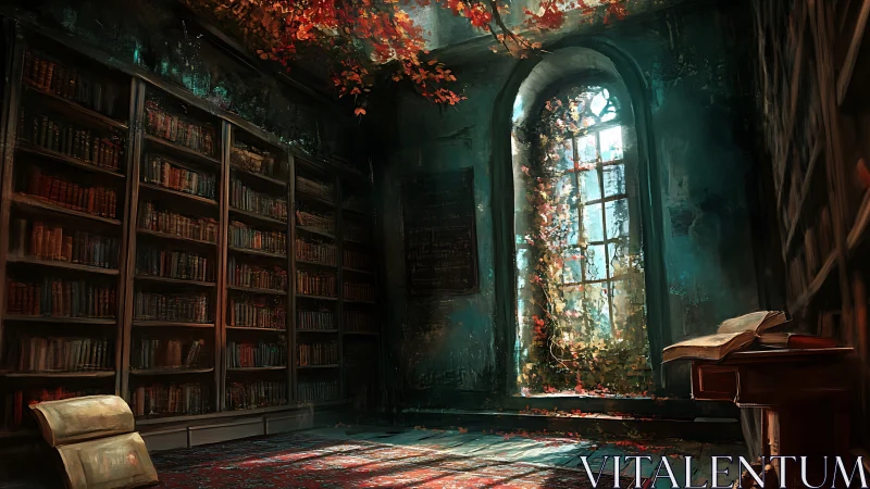 Atmospheric digital painting of overgrown gothic library interior.