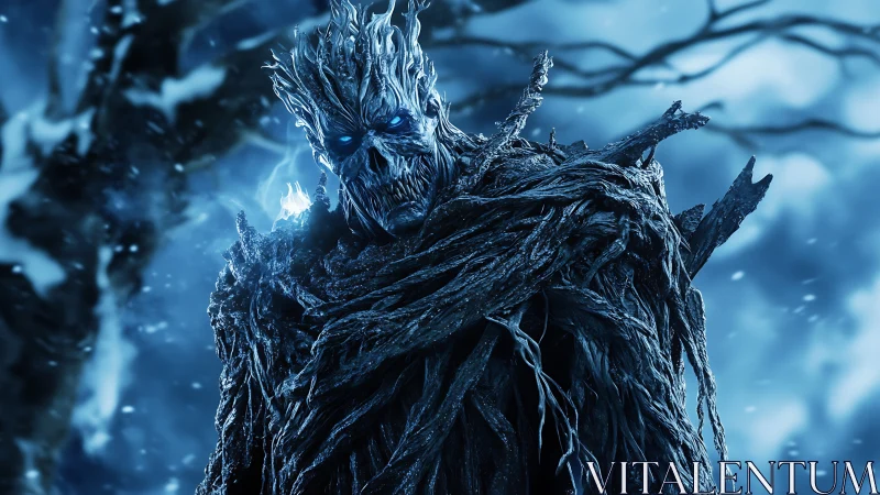 Frozen forest guardian with glowing blue winter eyes.