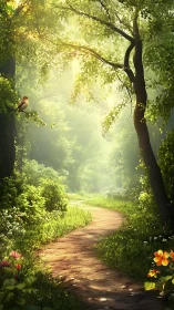 Sunlit Forest Path Where Wonder Awaits.