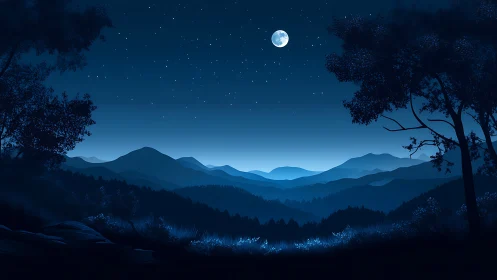 Moonlit blue mountains under starry midnight sky.