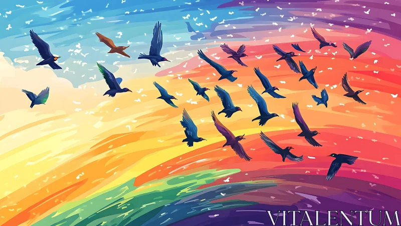 Flock of Birds Flying Over Vibrant Rainbow Sky, Digital Art.