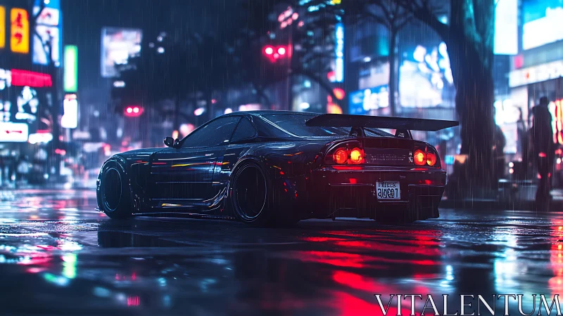 Modified sports car in rainy neon city street at night.