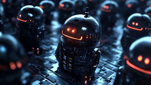 Glossy robot units glow over dark cyber assembly line.