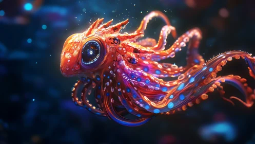 Bioluminescent cephalopod form with flowing tentacles.