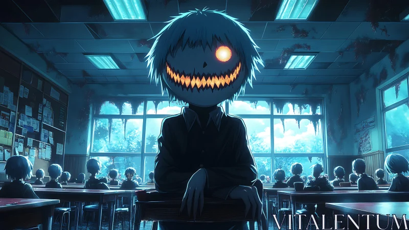 Pumpkin-headed figure seated in decayed classroom interior.