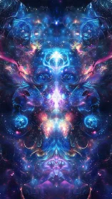 Symmetrical cosmic nebula forming abstract astral figure.