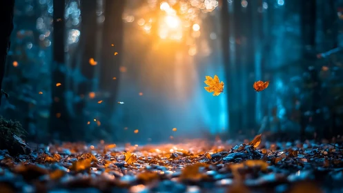 Drifting autumn leaves under ethereal blue forest glow.