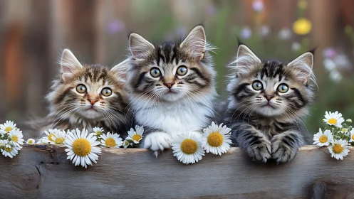 Three Fluffy Tabby Kittens Among White Daisies.