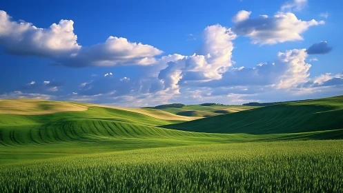 Rolling green hills stretch beneath bright summer skies.
