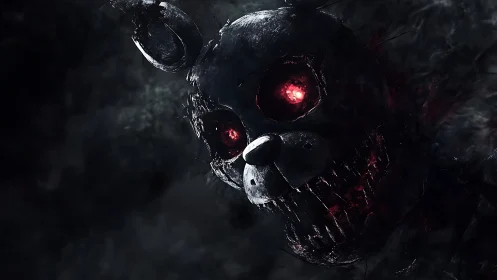 Deteriorated animatronic rabbit with incandescent ocular cores.